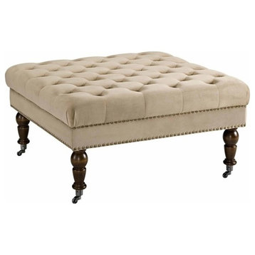 Linon Isabelle Square Tufted Wood Upholstered Ottoman in Tan Brown