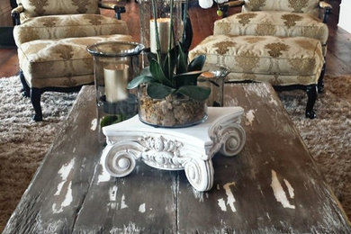 Living room - mid-sized shabby-chic style formal and open concept dark wood floor and brown floor living room idea in Other with a standard fireplace and a stone fireplace