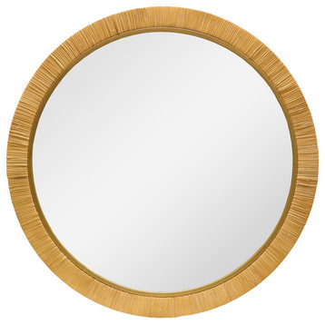 30" dia. Modern Organic Rattan Round Mirror With Inner Metal Liner Frame
