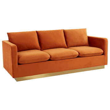 Leisuremod Nervo Modern Mid-Century Upholstered Velvet Sofa, Orange Marmalade