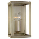 Generation Lighting Collection - Moffet Street 1-Light Wall/Bath Sconce, Satin Brass - The Sea Gull Lighting Moffet Street one light wall sconce in satin brass offers shadow-free lighting in your powder room, spa, or master bath room. The Moffet Street Collection offers a distinctive take on a rustic theme. Built in broad steel frames with hand-applied finish that mimics natural wood. This combination of rustic and urban fits comfortably in a wide variety of environments. The sharp, squared lines of the frame complement a wide variety of settings. The collection includes eight-light foyer, four-light foyer, one- light wall sconce, and a six-light island fixture. The Moffet Street Collection is available in three beautiful finishes Washed Pine, Brushed Nickel and Satin Bronze All fixtures are California Title 24 compliant and damp rated for use in sheltered, damp environments.