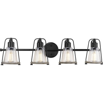 Conway 4-Light Matte Black Clear Seeded Glass Farmhouse Bath Vanity Light