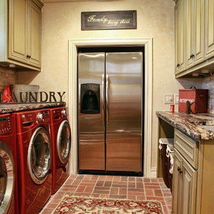 Photo of a classic utility room in Other with brick flooring and red floors.