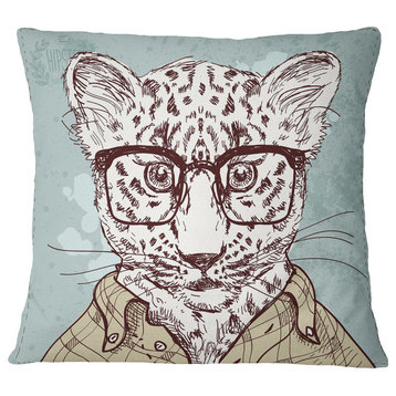 Hipster Leopard With Glasses Animal Throw Pillow, 16"x16"