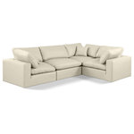 Meridian Furniture - Comfy Upholstered L-Shaped Modular Sectional, Cream, 4-Piece: 1 Armless Chair, 3 Corner Chair, Vegan Leather - Give your space a whole new look with this cream Comfy vegan leather sectional. This handsome sectional fits nicely with other items in the Comfy collection and is a versatile seating option designed for adaptability, comfort and style. Wrapped in rich cream durable vegan leathered upholstery, this sectional offers a plush embrace of overstuffed down feather cushions, carefully crafted to deliver the highest level of comfort. The perfect seat for creating an oasis for relaxation, this sectional has thick foam surrounding its frame for added support and coziness.