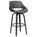 Armen Living - Mona Contemporary 30�Bar Height�Swivel Barstool in Black Brush Wood Finish... - The Armen Living Mona contemporary swivel barstool features a characteristically modern straight leg design and stylish bucket seat for optimal comfort. The Mona's beautiful frame is constructed from elegant Black Brush wood and complimented by the inclusion of a convenient Black Powder Coat finished ring footrest. The aforementioned bucket seat of the Mona features foam padding and sleek Grey Faux Leather upholstery. The stool's low back offers exceptional lumbar support while the 360 degree swivel action allows for optimal user mobility while seated. The impressive Mona barstool is available in 2 industry standard sizes; 26 inch counter and 30 inch bar height. Also available in walnut wood finish with a chrome finished footrest
