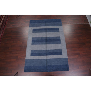 Gabbeh Modern Tribal Hand-Knotted Indian Oriental Area Rug, Blue, 9'11"x6'8"