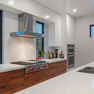 Mid-sized modern enclosed kitchen designs - Inspiration for a mid-sized modern galley cement tile floor and gray floor enclosed kitchen remodel in San Diego with flat-panel cabinets, white cabinets, quartz countertops, stainless steel appliances and an island