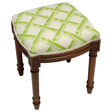 Bamboo Trellis-Mustard, Linen Upholstered Vanity Stool, Chartreuse Green