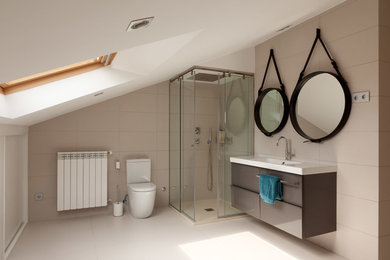 Photo of a mid-sized transitional 3/4 bathroom in Madrid with flat-panel cabinets, a corner shower, a two-piece toilet and an integrated sink.