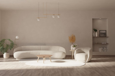 Imagen de salón abierto minimalista de tamaño medio con paredes beige y suelo de madera clara
