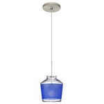 Besa Lighting - Besa Lighting Pica 6, 8.7" 6W 1 LED Cord Pendant with Flat Canopy - Pica 6 is a compact tapered glass with a broad angled top and a chamfer-cut bottom, its retro styling will gracefully blend into today's environments. The Blue Sand decor begins with a clear blown glass, with glossy outer finish. We then, using a handcrafting technique, carefully apply a band of actual fine-grained sand to the inner surface of the glass, where white color is fully saturated into the coating for a bold statement. A final clear protective coating is applied to seal and preserve the accent material. The result is a beautifully textured work of art, comfortable with the irony of sand being applied to a glass that ordinates from sand. When illuminated, the colors shimmers through the noticeable refractions created by every granule, as the sand patterning is obvious and pleasing. The 12V cord pendant fixture is equipped with a 10' braided coaxial cord with Teflon jacket and a low profile flat monopoint canopy. These stylish and functional luminaries are offered in a beautiful brushed Bronze finish.  Canopy Included: TRUE  Shade Included: TRUE  Canopy Diameter: 5 x 0.63< Dimable: TRUE  Color Temperature: 2  Lumens:   CRI: +  Rated Life: 0 HoursPica 6 8.7" 6W 1 LED Cord Pendant with Flat Canopy Bronze Blue Sand Glass *UL Approved: YES *Energy Star Qualified: n/a  *ADA Certified: n/a  *Number of Lights: Lamp: 1-*Wattage:6w LED bulb(s) *Bulb Included:Yes *Bulb Type:LED *Finish Type:Bronze