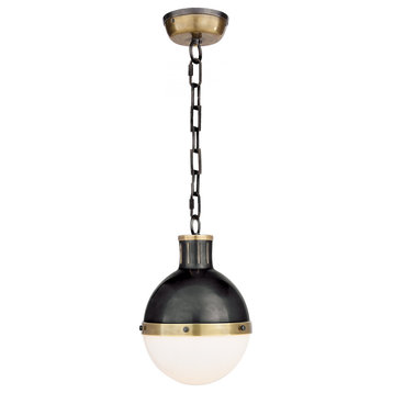 Pendant, 1-Light Bronze, Hand-Rubbed Antique Brass Accents, White Glass, 8.5"W