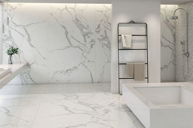 Réalisation d'une salle de bain design avec des carreaux de porcelaine et un sol en carrelage de porcelaine.