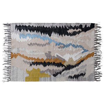 Woven Wool and Cotton Blend Rug With Abstract Design and Fringe, Multicolor