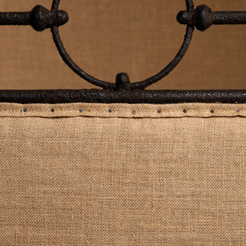 Burlap and iron detail at foot and head board