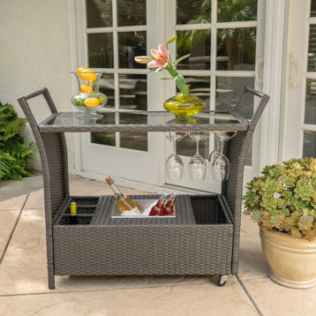 Mystique Outdoor Wicker Bar Cart with Tempered Glass Top