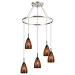 Woodbridge Lighting - Woodbridge Lighting Venezia 5-Light Pendant Chandelier, Satin Nickel, Round, 24"d, Mosaic Mirror - The Venezia collection is a series of hanging lights featuring uniquely colored designer glass. With many color options to choose from, this transitional design can blend in many rooms with different colors and themes.   This pendant chandelier hangs 5 tulip shaped mosaic glasses spread around a large metal ring to create a carousel for a contemporary touch.
