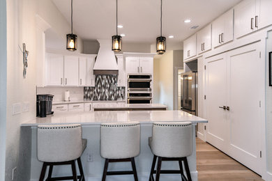 Minimalist kitchen photo in Orlando with white cabinets, white countertops and multicolored backsplash