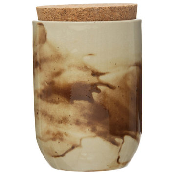 4-1/2" Round x 7"H Stoneware Jar With Cork Lid, Reactive Glaze, Marbled Taupe