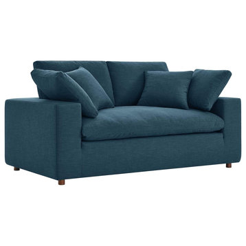 Modern Loveseat, Extra Padded Seat With Linen Fabric Upholstery, Azure