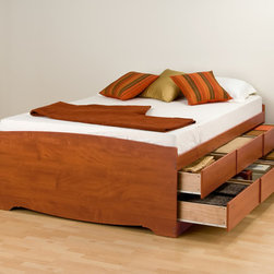 Prepac Tall Queen Platform Storage Bed in Cherry with 12 Drawers - Platform Beds