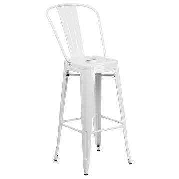 30'' High White Metal Indoor-Outdoor Barstool With Back