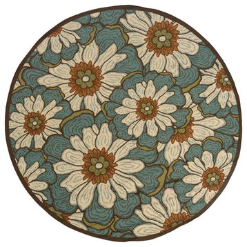 Malibu Indoor and Outdoor Floral Blue and Brown Rug, 7'10" Round