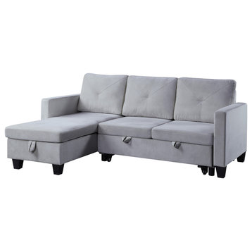 Nova Light Gray Velvet Reversible Sleeper Sectional Sofa With Storage Chaise