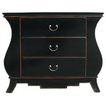 Golden Lotus - Chinese Black Lacquer Curve Legs 3 Drawers Dresser Cabinet Hcs1152 - This is a decorative dresser with a round curve body. The surface is finished with semi-gloss black lacquer. The rim is light brown color as an accent.  Inside is placed on Chinese calendar book paper.