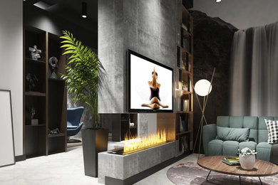 Large minimalist open concept porcelain tile game room photo in Other with gray walls and a wall-mounted tv