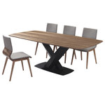 Armen Living - Everett Mid-Century Walnut Wood 5-Piece Dining Set - The Armen Living Everett and Robin mid-century dining set promises an unmatched degree of comfort and dependability, making it an ideal choice for the contemporary dining room. The Everett's modern design boasts a Matte Black Finish metal frame, brilliantly complemented by the table's stylish Walnut Veneer top design. This combination finds its ideal match in the Robin's sleek walnut frame. Foam padded and exceptionally comfortable, the Robin offers a supportive frame wrapped in a sophisticated grey fabric package. The Everett/Robin combination is designed to fit in any dining room, but features a versatile appearance that makes it perfect for just about any room of the house. The Everett/Robin set comes with 1 dining table and 4 dining chairs.