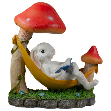 11.5" Mushrooms and Rabbit in Hammock Outside Garden Statue