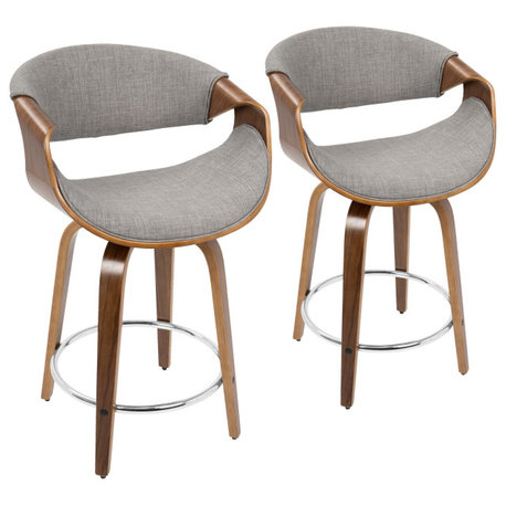 Curvini 24'' Counter Stool, Set of 2, Walnut Wood/Light Gray Fabric/Chrome