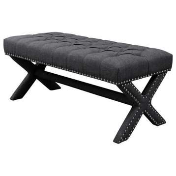 Posh Living Kennedy Tufted Linen Fabric Bench with Nailhead Trim in Dark Gray