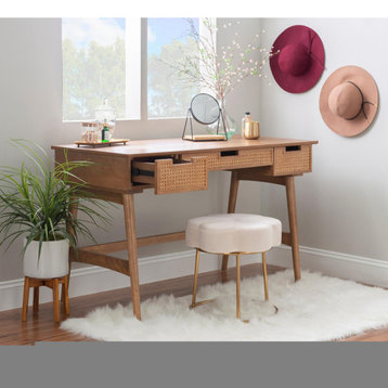 Retro Modern Desk, Spacious Top & 3 Drawers With Woven Rattan Front, Natural