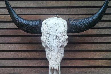 Longhorn Hand Carved Buffalo Skull Head with Dragon Design / Wall Art Home Decor