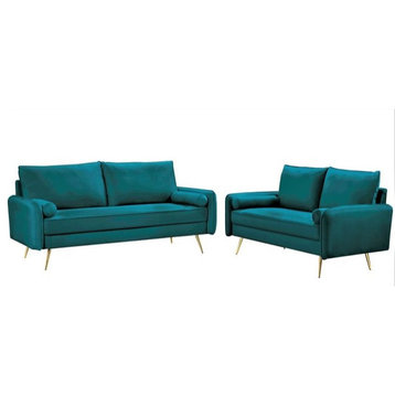 Modern Sofa & Loveseat Set, Sleek Golden Legs With Velvet Seat, Greenish Blue