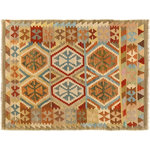 Bareens Designer Rugs - Southwestern Turkish Kilim Fyodor Hand-Woven Wool Rug - 4'1'' x 5'9'' - Elevate the elegance of your home with this stunning hand-woven tribal Kilim wool rug. Meticulously crafted on a loom by the Nomad Turkman people using hand-spun wool and 100% natural vegetable dyes, these rugs are recognized for their repetitive geometric patterns, incorporating naturalistic floral and traditional designs. The contemporary fashion palette results in bold, sharp patterns that are incredibly versatile, as the pattern is the same on both sides. These reversible rugs feature a lighter shade on one side and brighter colors on the other, providing versatility according to preference. These unique rugs are made by knotting short strands of different colors onto the warps and securing them by tightly pressing the wefts. The designs are created by interweaving the various colored wefts and warps. Kilims are known for their exceptional durability and versatility, making them truly unique rugs.  Product Details    Rug Size: 4'1'' x 5'9''  Material: 100% Wool  Style: Kilim, Flat Weave, Dhurrie, Turkish, Southwestern, Rustic, Tribal  Colors: Grey, Blue, Ivory,   Weave Type: Hand-Woven, Handmade  Pile Height: Less than 0.25 inch