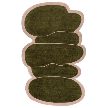 Whimsical Modern Border Geometric Handwoven Wool Rug, Green/Pink, 6 Ft. X 9 Ft.