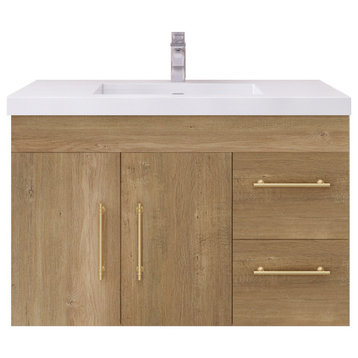 Rosa 36" Wall Mounted Vanity with Reinforced Acrylic Sink (Right Side Drawers), Oak