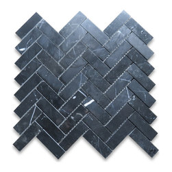 Stone Center Online - Nero Marquina Black Marble 1x3 Herringbone Mosaic Tile Polished, 1 sheet - Mosaic Tile