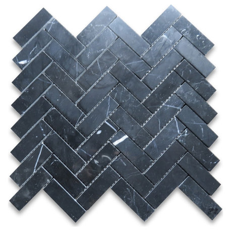 Nero Marquina Black Marble 1x3 Herringbone Mosaic Tile Polished, 1 sheet