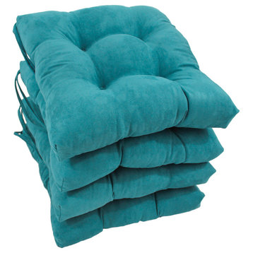 16" Solid Micro Suede Square Tufted Chair Cushions, Set of 4, Aqua Blue