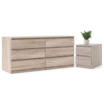 6 Drawer Double Dresser and 2 Drawer Nightstand Set in Truffle