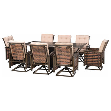 Outdoor 9 pc Aluminum and Wicker Swivel Rocking Patio Cushioned Dining Set, Tan