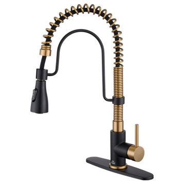 Single Handle Kitchen Sink Faucet Pull-Down Sprayer, 360 Swivel, 3 Functions, Matte Black+brushed Gold