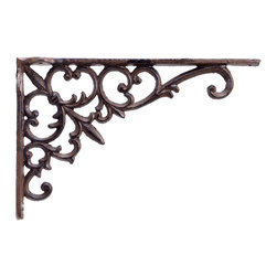 Import Wholesales - Cast Iron Wall Shelf Bracket, Fleur De Lis & Vine, Rust Brown, 9.5" Deep - Brackets
