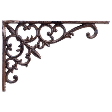 Cast Iron Wall Shelf Bracket, Fleur De Lis & Vine, Rust Brown, 9.5" Deep