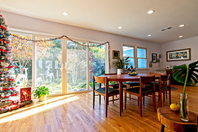 Example of a mid-sized mid-century modern medium tone wood floor and brown floor kitchen/dining room combo design in Orange County with gray walls